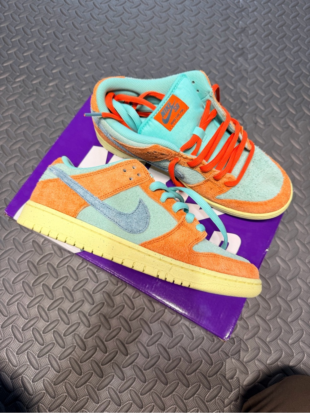Nike SB DUNK LOW PRO PRM Low-Top Sneakers in Aqua, Orange, and Yellow Sole